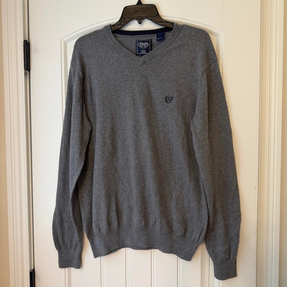 Chaps Cotton Cashmere V-Neck Sweater Heather Grey Men's Size Medium